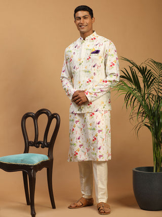 VASTRAMAY Cream Printed Nehru Jacket And Multicolor-base Printed Kurta With Cream Viscose Stylish Pant Set