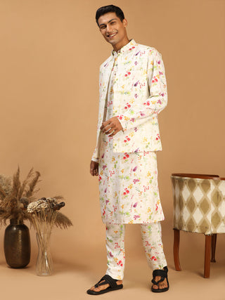 VASTRAMAY Cream Printed Nehru Jacket And Multicolor-base Printed Kurta With Matching Rayon Pant Set