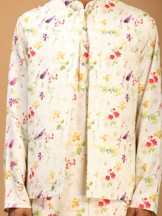VASTRAMAY Cream Printed Nehru Jacket And Multicolor-base Printed Kurta With Matching Rayon Pant Set