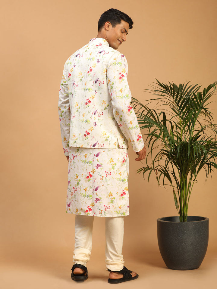 Cream Printed Nehru Jacket And Multicolor-Base Printed Kurta With Cream Pyjama Set