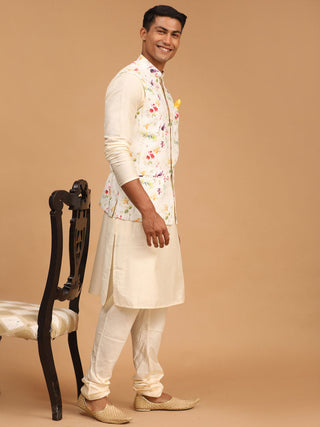 VASTRAMAY Cream Printed Nehru Jacket And Cream Solid Kurta With Pyjama Set