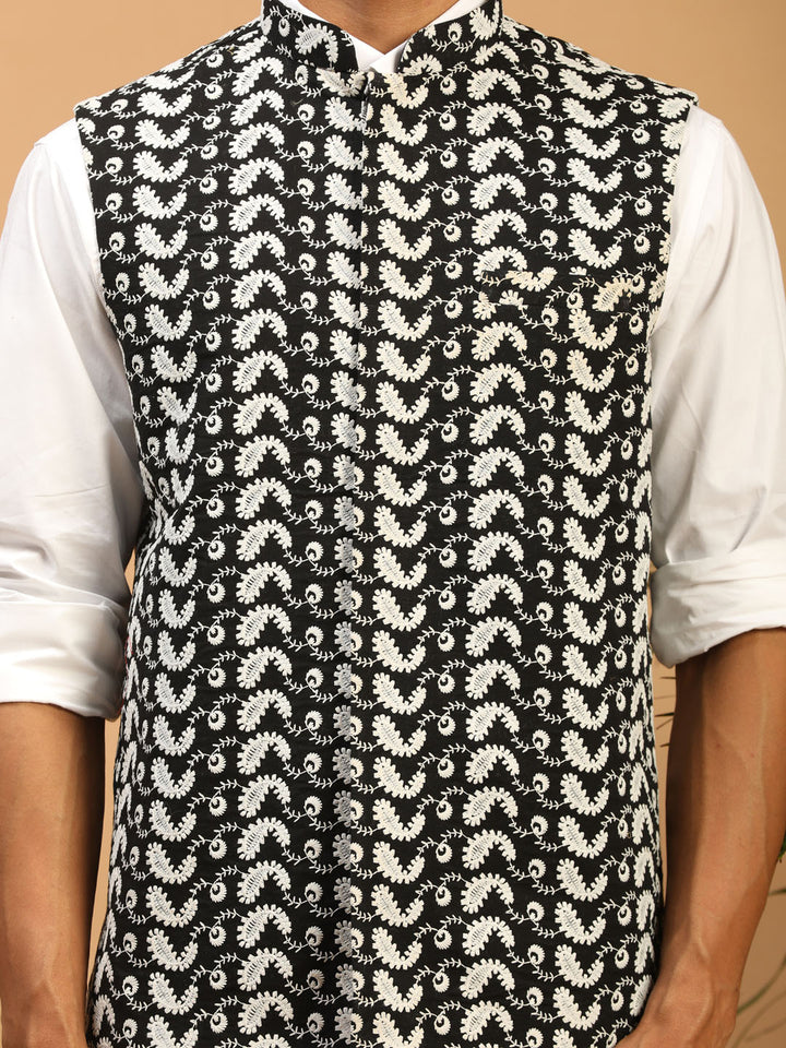 Men Black Chikankari Embroidered Pure Cotton Nehru Jacket