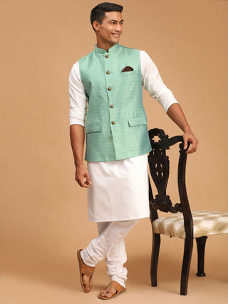 VASTRAMAY Men's Green Jacquard Nehru Jacket with Kurta Pyjama Set