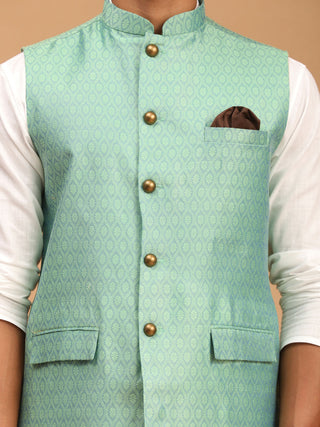 VASTRAMAY Green Woven Jacket With White Kurta and Pyjama Baap Beta Set