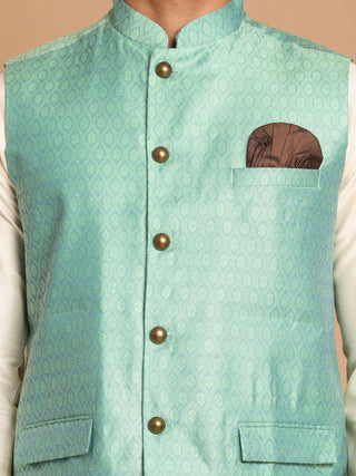 VASTRAMAY Green Woven Jacket With Cream Kurta and Pyjama Baap Beta Set