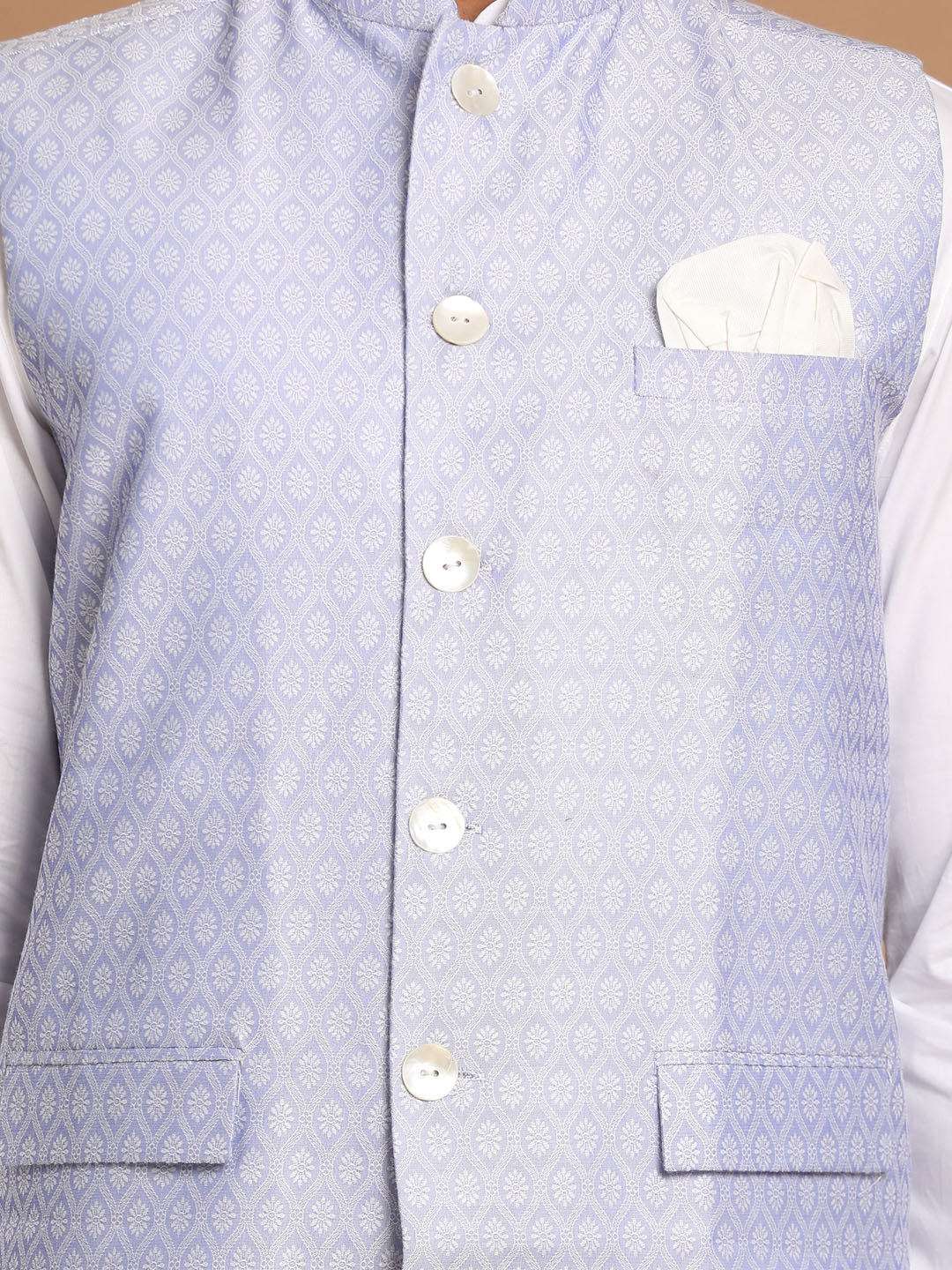 Men's Light Blue Jacquard Nehru Jacket With Kurta Pyjama Set