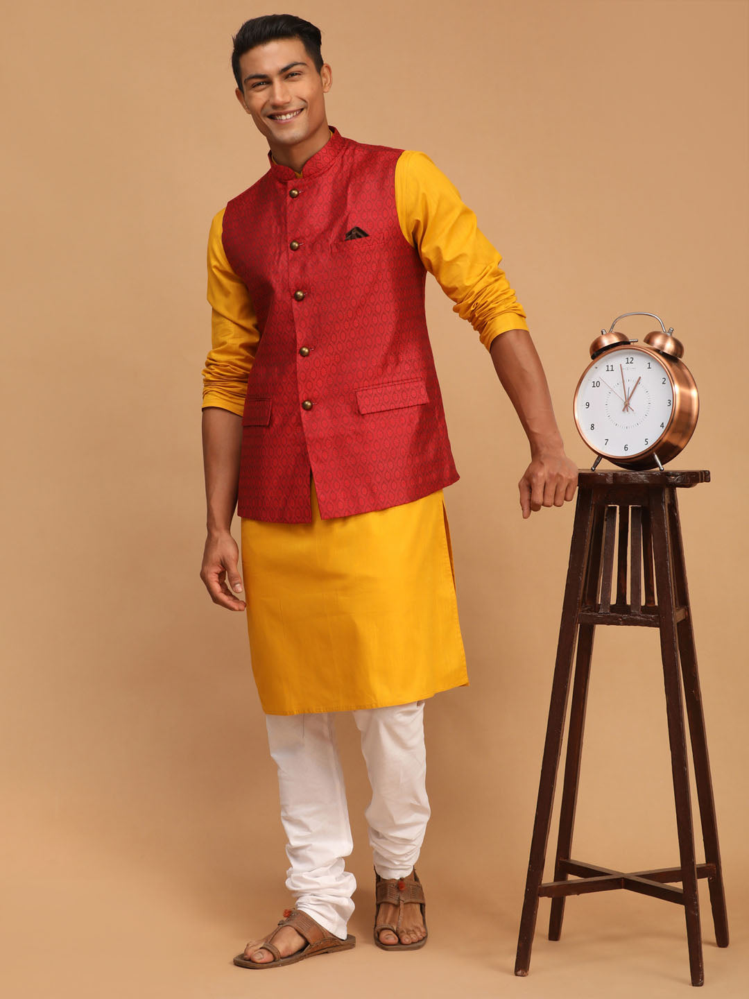 Woven Art Silk Jacquard Nehru Jacket in Mustard : MXX547