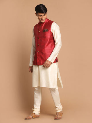 VASTRAMAY Men's Maroon Jacquard Nehru Jacket with Kurta Pyjama Set