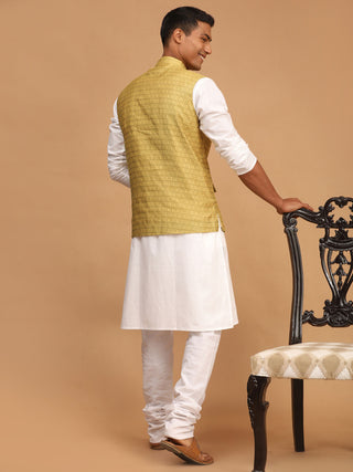 VASTRAMAY Men's Yellow Jacquard Nehru Jacket with Kurta Pyjama Set