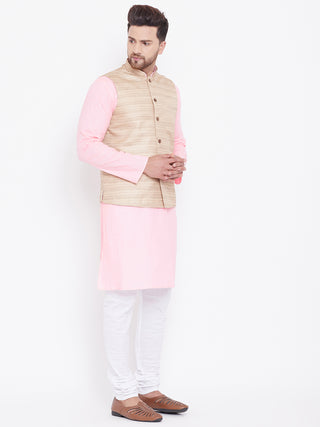 VASTRAMAY Men's Beige, Pink And White Cotton Blend Jacket, Kurta and Pyjama Set