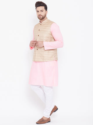 VASTRAMAY Men's Beige, Pink And White Cotton Blend Jacket, Kurta and Pyjama Set