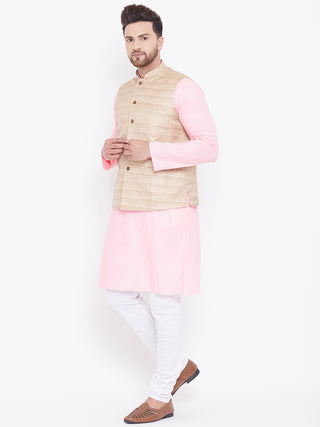 VASTRAMAY Beige, Pink And White Baap Beta Nehru Jacket Kurta Pyjama set