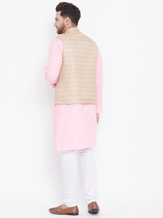 VASTRAMAY Men's Beige, Pink And White Cotton Blend Jacket, Kurta and Pyjama Set