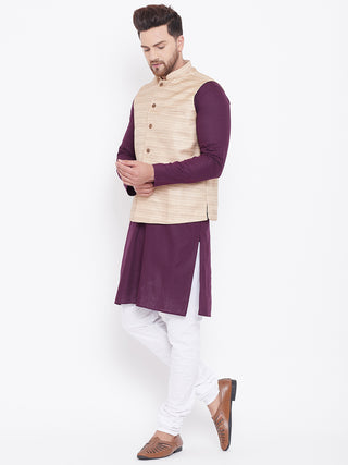 VASTRAMAY Men's Beige, Purple And White Cotton Blend Jacket, Kurta and Pyjama Set