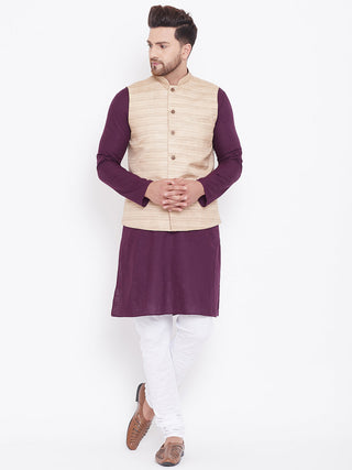 VASTRAMAY Men's Beige, Purple And White Cotton Blend Jacket, Kurta and Pyjama Set