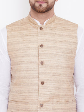 VASTRAMAY Beige Cotton Silk Nehru Jacket & White Kurta Pyjama Baap Beta Set