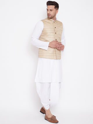 VM BY Vastramay Men's Beige And White Cotton Blend Jacket, Kurta and Dhoti Set