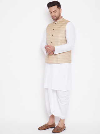 VM BY Vastramay Men's Beige And White Cotton Blend Jacket, Kurta and Dhoti Set