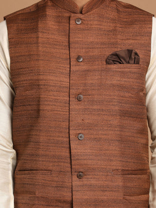 VASTRAMAY Men's Coffee Brown Nehru Jacket With Cream Solid Kurta And Pyjama Set