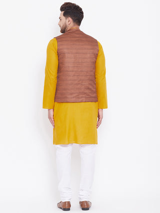 Vastramay Brown, Mustard And White Baap Beta Nehru Jacket Kurta Pyjama set
