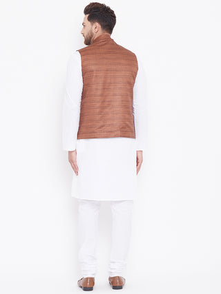 VASTRAMAY Brown Color Nehru Jacket And White Kurta Pyjama Baap Beta Set