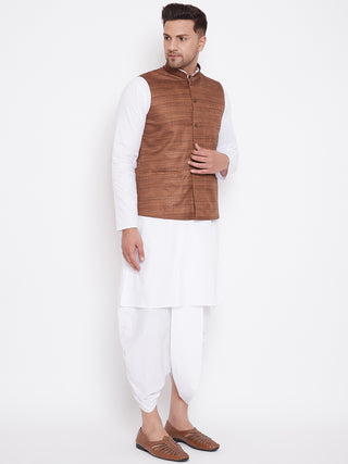 VM BY Vastramay Men's Coffee Brown And White Cotton Blend Jacket, Kurta and Dhoti Set