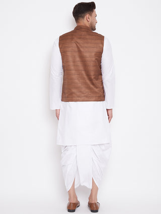 VASTRAMAY Brown Color Cotton Silk Nehru Jacket & White Dhoti Kurta Baap Beta Set
