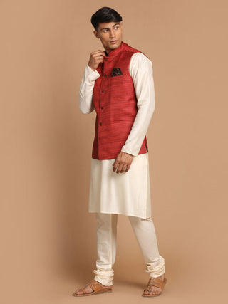 VASTRAMAY Men's Maroon Textured Nehru Jacket With Cream Kurta and Pyjama Set