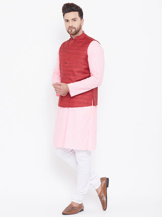 VASTRAMAY Men's Maroon, Pink And White Cotton Blend Jacket, Kurta and Pyjama Set