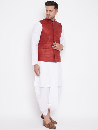 VASTRAMAY Maroon Cotton Silk Nehru Jacket & White Dhoti Kurta Baap Beta Set