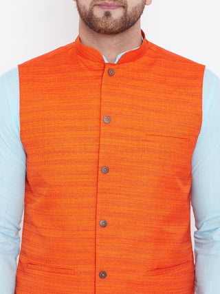 VASTRAMAY Orange And Turquoise Color White Baap Beta Nehru Jacket Kurta Pyjama set