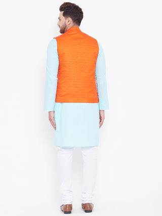 VASTRAMAY Men's Orange, Aqua And White Cotton Blend Jacket, Kurta and Pyjama Set