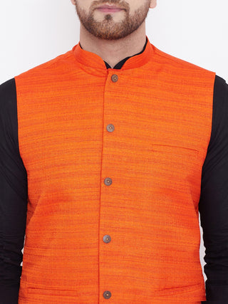 VASTRAMAY Men's Orange, Black And White Cotton Blend Jacket, Kurta and Pyjama Set