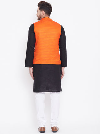 VASTRAMAY Men's Orange, Black And White Cotton Blend Jacket, Kurta and Pyjama Set