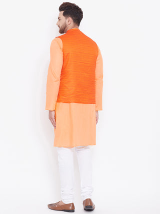 VASTRAMAY Men's Orange, Fawn And White Cotton Blend Jacket, Kurta and Pyjama Set