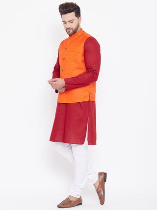 VASTRAMAY Men's Orange, Maroon And White Cotton Blend Jacket, Kurta and Pyjama Set