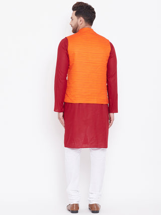 VASTRAMAY Men's Orange, Maroon And White Cotton Blend Jacket, Kurta and Pyjama Set