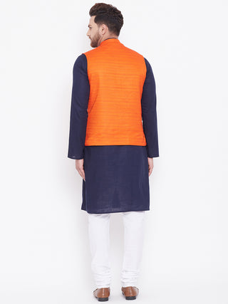 VASTRAMAY Men's Orange, Navy Blue And White Cotton Blend Jacket, Kurta and Pyjama Set