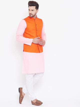 VASTRAMAY Orange, Pink And White Baap Beta Nehru Jacket Kurta Pyjama set