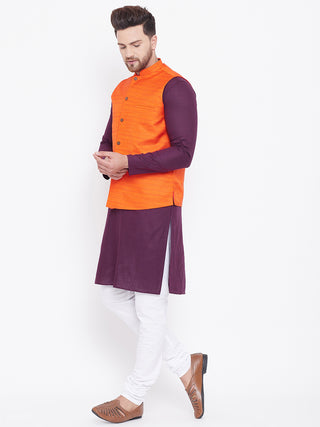 VASTRAMAY Men's Orange Cotton Blend Jacket With Purple And White Kurta and Pyjama Set