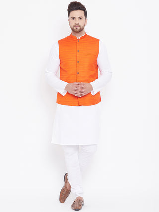 Vastramay Men's Orange And White Cotton Blend Jacket, Kurta and Pyjama Set