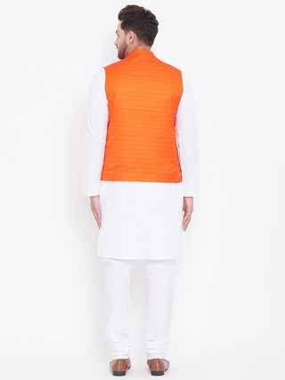 Vastramay Men's Orange And White Cotton Blend Jacket, Kurta and Pyjama Set