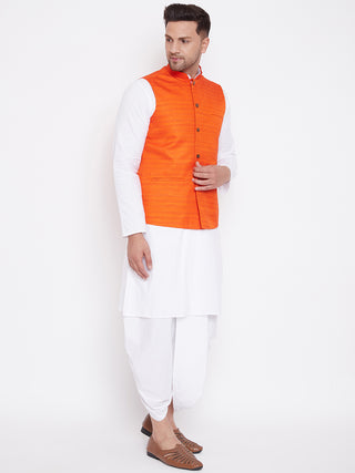 VASTRAMAY Orange Cotton Silk Nehru Jacket & White Dhoti Kurta Baap Beta Set