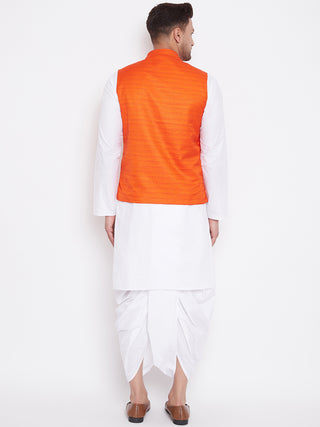 VM BY Vastramay Men's Orange And White Cotton Blend Jacket, Kurta and Dhoti Set