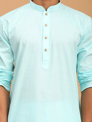 VASTRAMAY Men's Black Ikkat Printed Cotton Nehru Jacket With Aqua Blue Kurta And White Pyjama Set