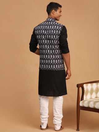 VASTRAMAY Men's Black Ikaat Printede Cotton Nehru Jacket With Black Kurta And White Pyjama Set
