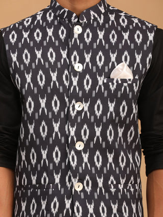 VASTRAMAY Men's Black Ikaat Printede Cotton Nehru Jacket With Black Kurta And White Pyjama Set