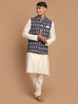 VASTRAMAY Men's Black  Nehru Jacket  With Cream Kurta And Pyjama Set