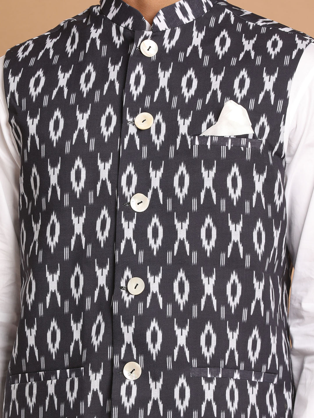 Men's Black Ikkat Printed Cotton Nehru Jacket With White Kurta And Pyjama Set
