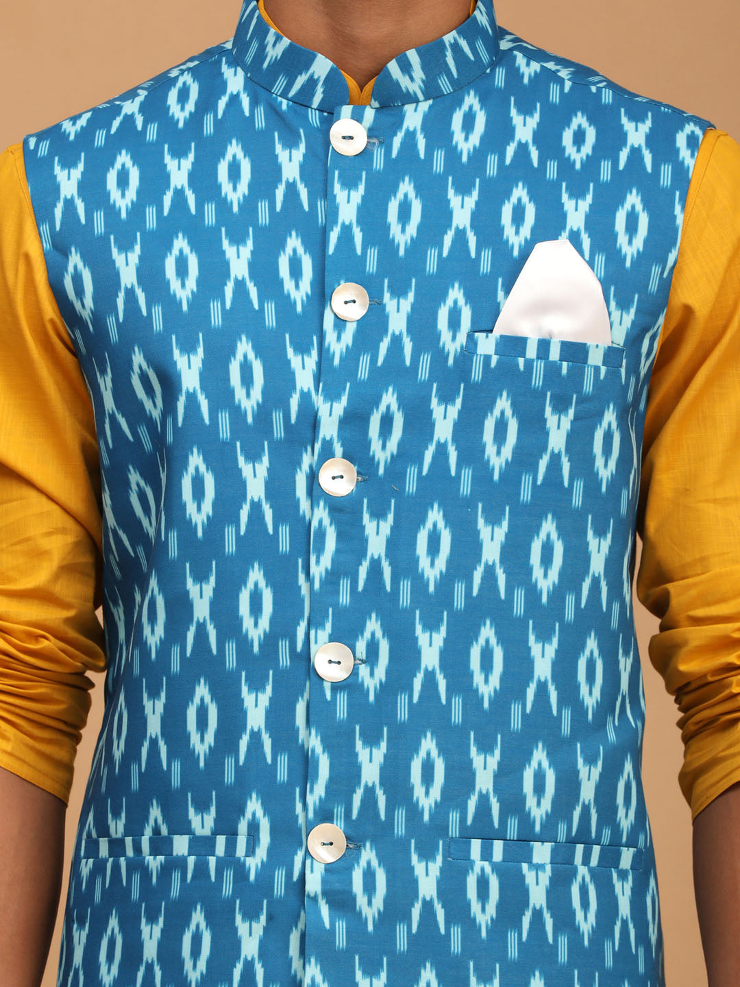 Men's Turquoise Ikkat Printed Cotton Nehru Jacket With Mustard Kurta And White Pyjama Set